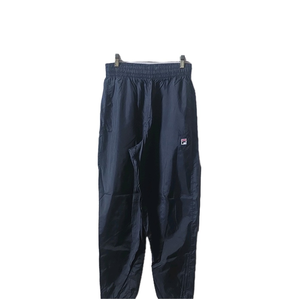Y2K FILA Men's Navy Nylon Track Pants M Elastic Waist Ankle Zips Logo
